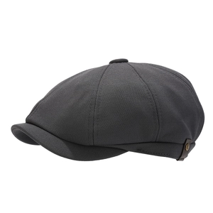 Dark grey newsboy cap in vintage octagonal style with leather strap and metal badge