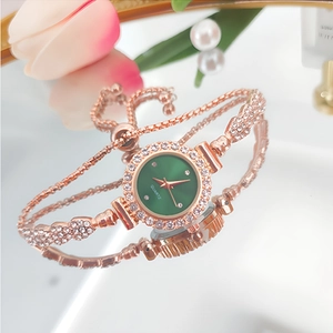 Elegant rose gold ladies watch with green dial and adjustable crystal bracelet strap