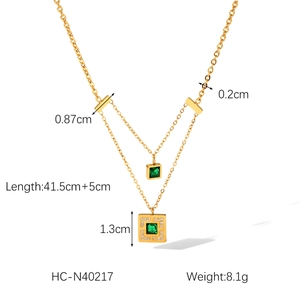 Detailed dimensions of double-layered gold necklace with emerald-cut zircon pendant