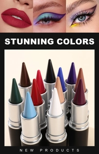 Macro showcase of matte eyeliner sticks and bold makeup looks in vibrant assorted colors