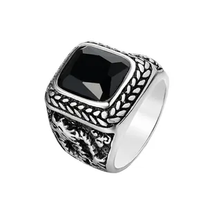 Men's vintage dragon engraved stainless steel ring with square black gemstone inlay