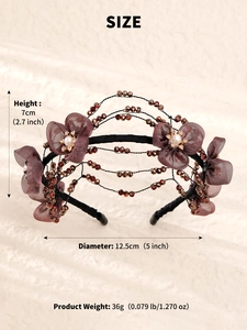 Detail showing dimensions of handmade beaded floral headband with 7cm height and 36g weight