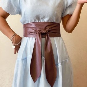 Détail d'une large ceinture marron en simili cuir nouée sur une robe bleu clair