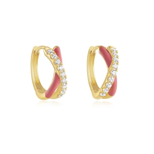 Detailed close-up of gold-plated crossover hoop earrings with pink enamel and zircons