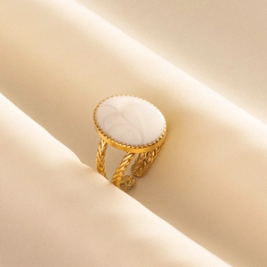 Vintage gold-plated 304 stainless steel open ring with white enamel and twisted band