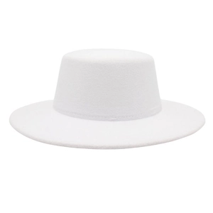 Detailed top view of a minimalist white wool felt boater hat with a flat top and wide brim