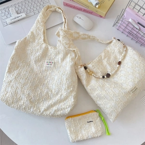 Detailed set of floral jacquard tote bag, beaded strap crossbody and small coin purse
