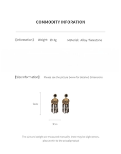 Detail specifications of vintage tassel earrings with dimensions and material info