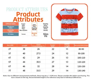 Size chart for kids t-shirt with excavator print, detailing soft fabric and fit measurements