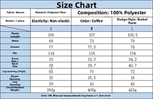 Detailed size chart for polyester wide-leg pants with measurements in centimeters