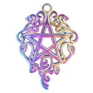 Pendentif étoile en acier inoxydable arc-en-ciel or 18 carats avec motifs de feuilles