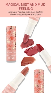 Matte lipsticks with graffiti heart design showcasing high-pigment texture and shades