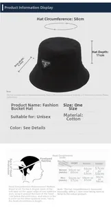 Detailed size chart for the black cotton bucket hat with brim and circumference measurements