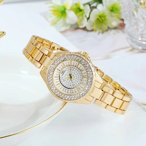 Elegant luxury gold women's quartz watch with rhinestone crystal dial and metal band