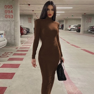 Detailed view of dark brown high-neck long-sleeve bodycon maxi dress with slim fit tailoring