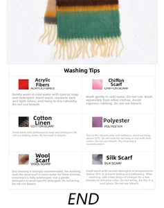 Detailed guide for scarf care including washing tips for acrylic and wool materials
