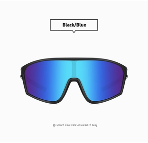 Close-up of sporty oversized wraparound sunglasses with blue purple mirrored lenses