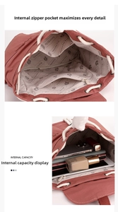 Detail of a pink nylon backpack interior with a zipper pocket and spacious main compartment