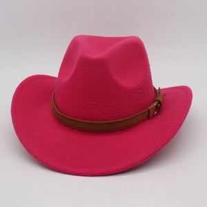 Hot pink wool western cowboy hat with brown leather belt buckle for men and women