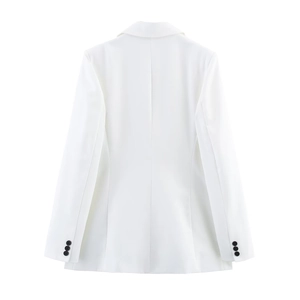 Back view of a white slim-fit blazer with tailored cuffs and professional button details