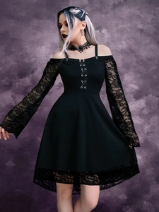 Gothic black off-shoulder lace mini dress with ribbon lacing and mesh long sleeves