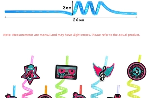 Reusable 80s music party straws with colorful spirals and decorative musical note charms