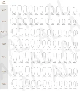 Maattabel voor 24 kunstnagels in 7 verschillende vormen met exacte afmetingen in mm