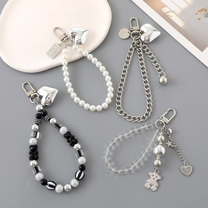 Beaded bear and pearl heart charms for phone cases and bags in cool silver metallic style