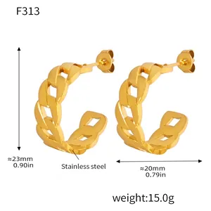 Detail view of 18K gold plated stainless steel C-shaped chain earrings with dimensions