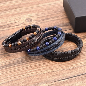 Braided leather bracelet set with tiger eye stones and magnetic steel clasp