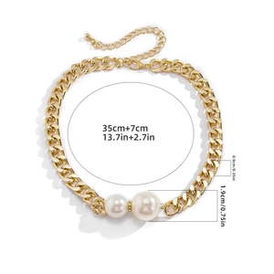 Detail of gold link chain necklace with white imitation pearls and size dimensions