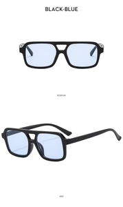 Detail view of black double-bridge aviator sunglasses with light blue lenses from two angles