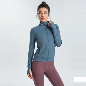 Slim fit long sleeve sports jacket in grey blue with thumbholes and stand collar