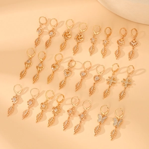 Copper Zircon Drop Earrings Champagne Gold Plated Hollow Leaf Butterfly Heart Flower Dangle Jewelry For Women