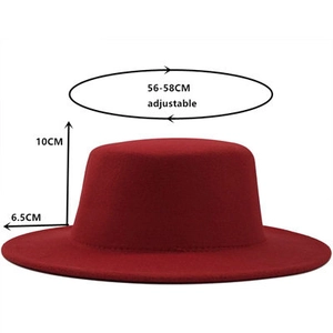 Flat brim wool jazz hat size chart showing 10cm height and 56-58cm adjustable crown