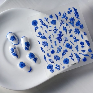 5D Klein blue flower nail stickers FEB-397 embossed floral nail art decals on white tips
