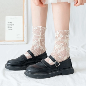 Japanese style white floral lace socks paired with black matte Mary Jane platform shoes