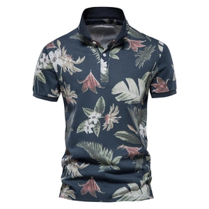 Men Polo Shirt Cotton Pique Short Sleeve Tropical Floral Leaf Print Casual Summer Vacation Breathable Top