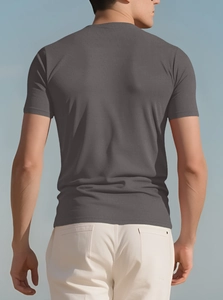 Rear view of slim fit dark gray cotton t-shirt showing fabric texture and athletic cut