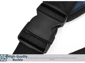 Close-up of high-quality black plastic buckle and nylon strap for waterproof drop leg bag