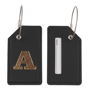 Black leather luggage tag with gold letter A, steel wire cable, and back address ID card