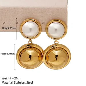 Minimalist stainless steel pearl drop earrings with polished gold semi-spheres