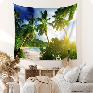 Tenture murale plage tropicale avec cocotiers décorant le mur d'une chambre douillette