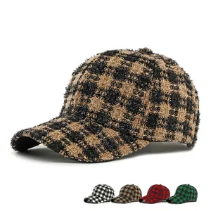 Vintage Plaid Tweed Baseball Cap For Women Adjustable Sun Protection Outdoor Retro Fashion Peaked Hat With Metal Buckle