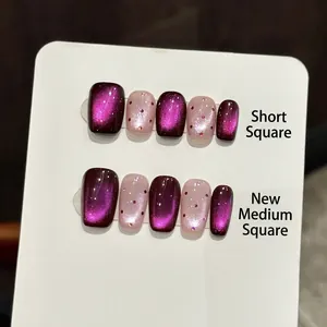 Handmade Purple Cat Eye Press On Nails Polka Dot Minimalist Short Square New Medium Square Sweet Daily Women Nail Art Kit