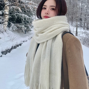 Sciarpa in Maglia Stile Coreano Donna Invernale Calda Tinta Unita Lungo Scialle Con Nappine Scaldacollo in Poliestere Accessorio Moda