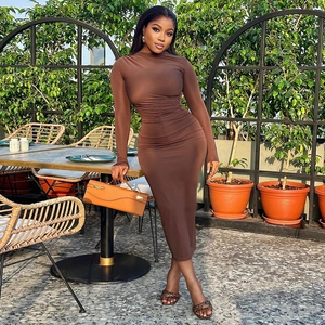 Chic brown long sleeve bodycon midi dress with elegant slim fit tailoring