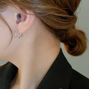 Close-up of silver twisted hoop earrings with zircon pavé worn by a model
