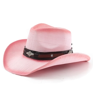 Pink woven western cowboy hat for women with brown leather band and silver studs