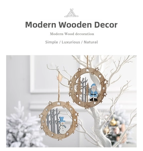 Detail of wooden Christmas ornaments featuring hollow circular snowman and Santa designs